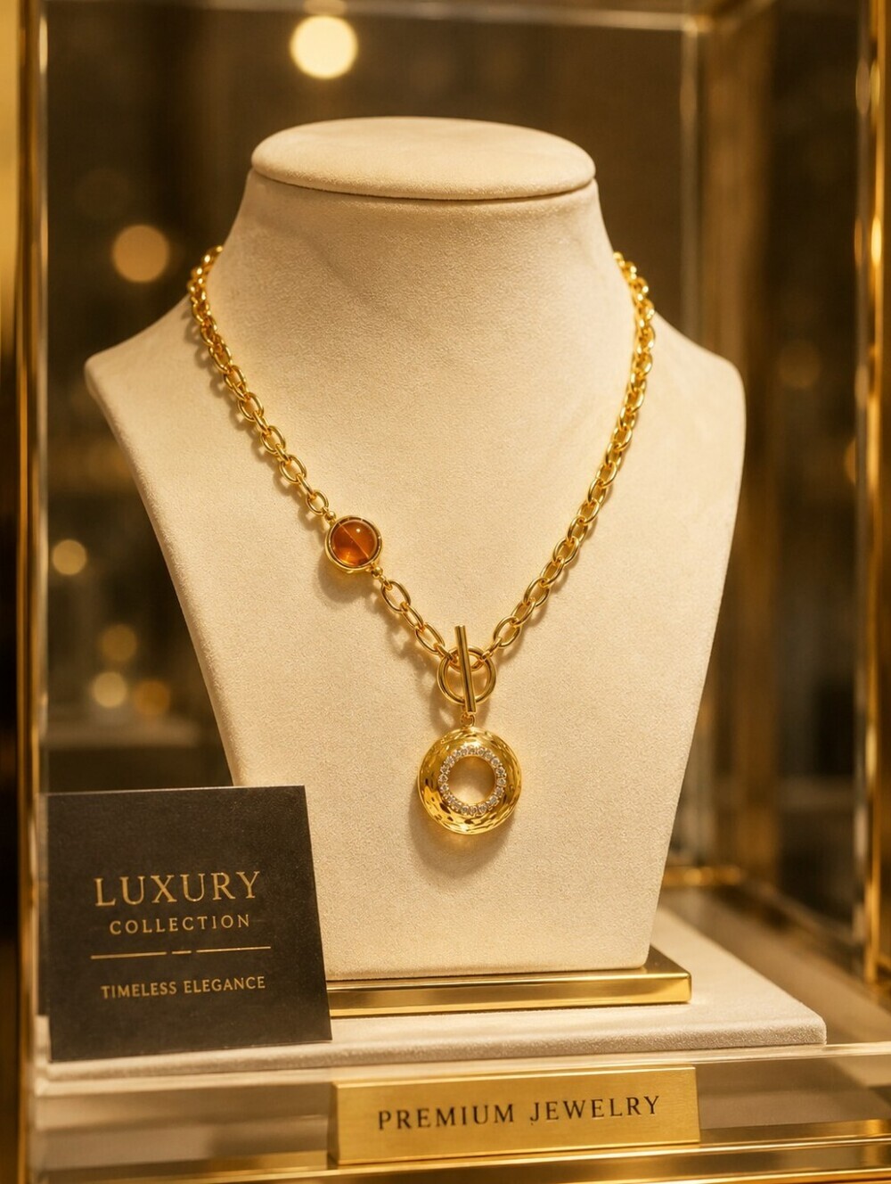Gold-Tone Chain Necklace with Amber Accent